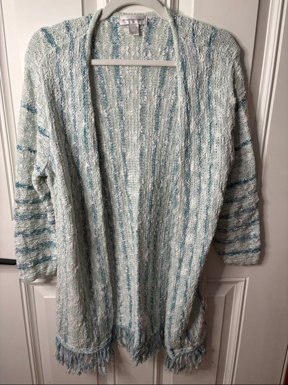 EUC Christopher & Banks Light Blue and White Striped Fringe Open-Front Cardigan